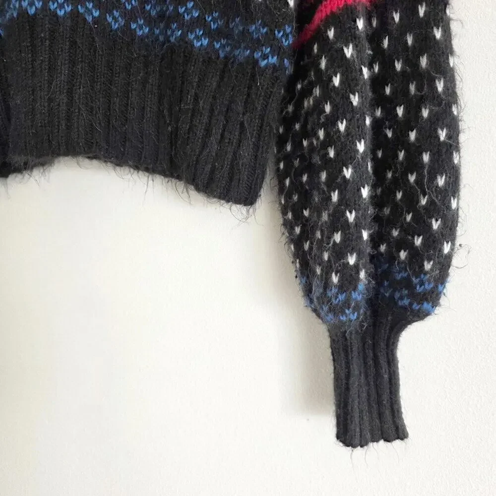 American Eagle Fair Isle Mock Neck Sweater Small Black Multi Color Knit Boho Coz